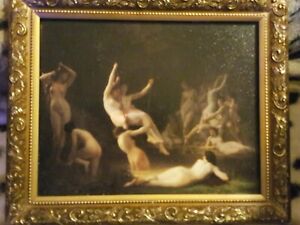Vintage Print Of Naked Girls By  Pool On Wood Board &amp; Gold Gilt Frame