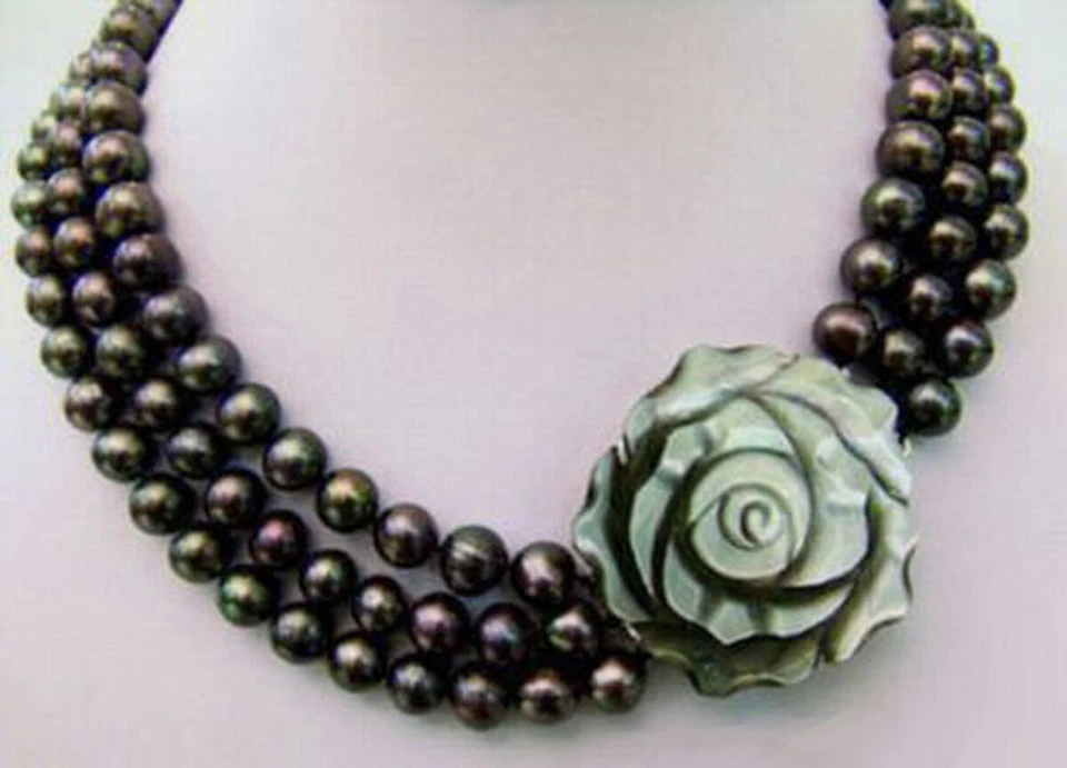 Collar de perlas de cultivo de agua dulce negro pavo real natural real de 3 filas de 7-8 mm Foto 2 de 3