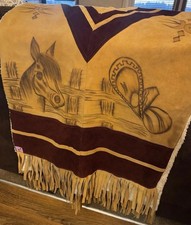Vtg Western Cowboy Cowgirl Suede Poncho Serape Cape Rodeo Horses Fringe Mexico