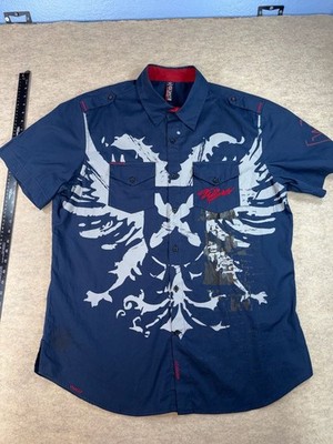 Willie Esco Mens Large Navy Eagle Graphic Button Down Shirt Streetwear Y2K