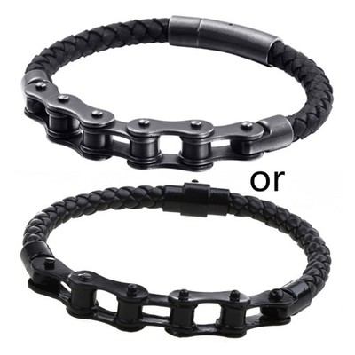 Fashion Bicycles Link Chain Bracelet Woven Leather Bracelet Men Punk Jewelry