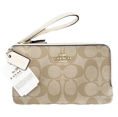 Coach Signature PVC Double Corner Zip Wristlet Wallet Light Khaki