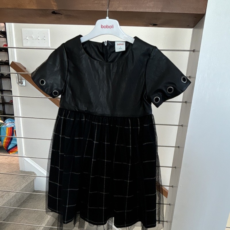 boboli Girls Black Plaid Fit & Flare Short Sleeve Dress Grommet Accent Size 7