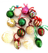 14 Christmas Fancy Beaded Push Pin Vintage Ornaments Handmade Sequins Satin Lot