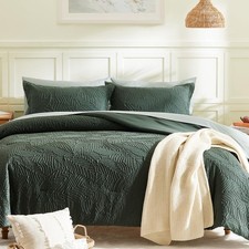 Queen Comforter Set - 7 Pieces Dark Green Bedding Set, Botanical Textured Com...
