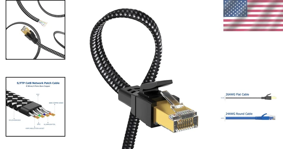 Cat8 Ethernet Cable 100ft - Flat Design Indoor/Outdoor Cord - Image 2 of 4