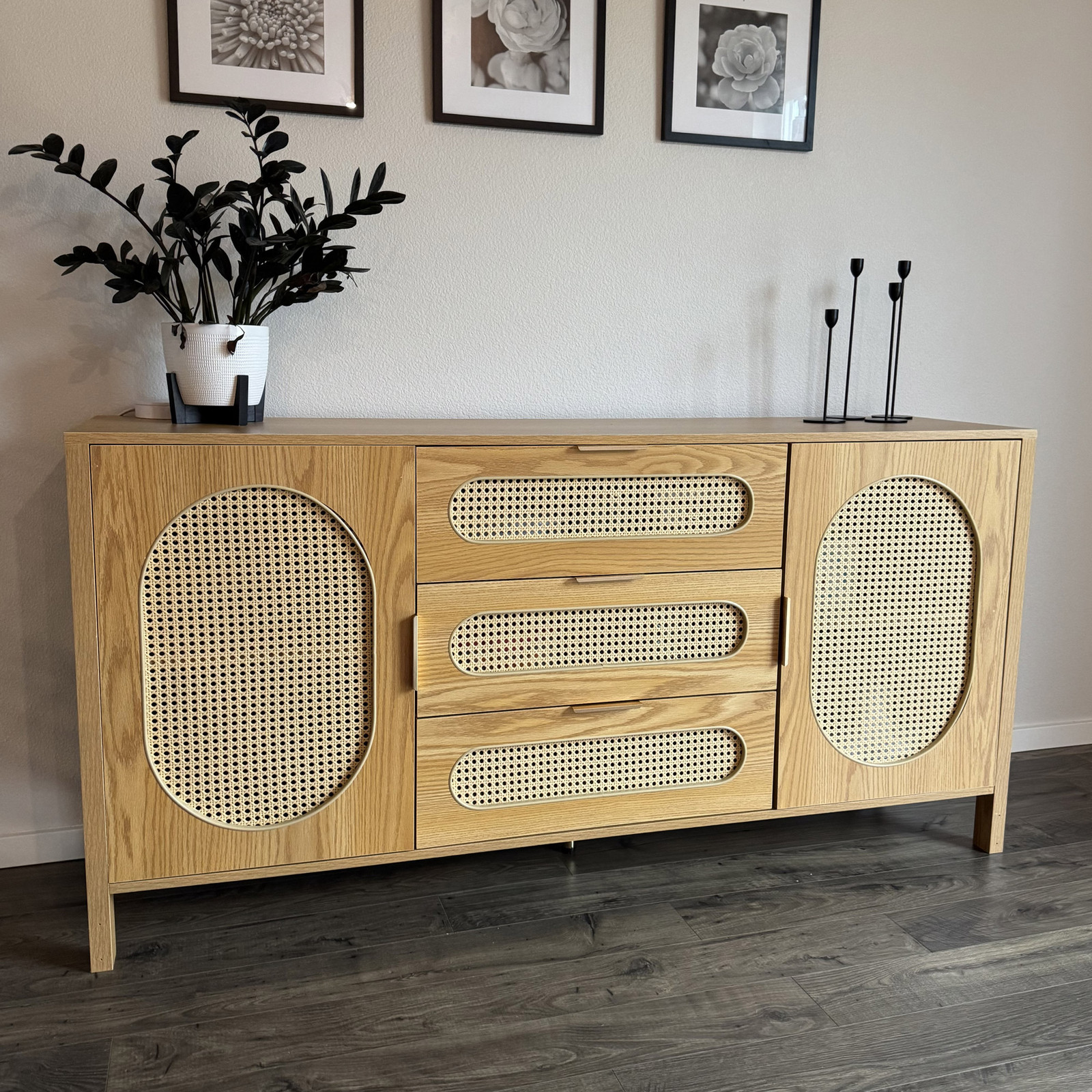 Boho Wooden Rattan Dresser Storage Cabinet for Bedroom Closet-image