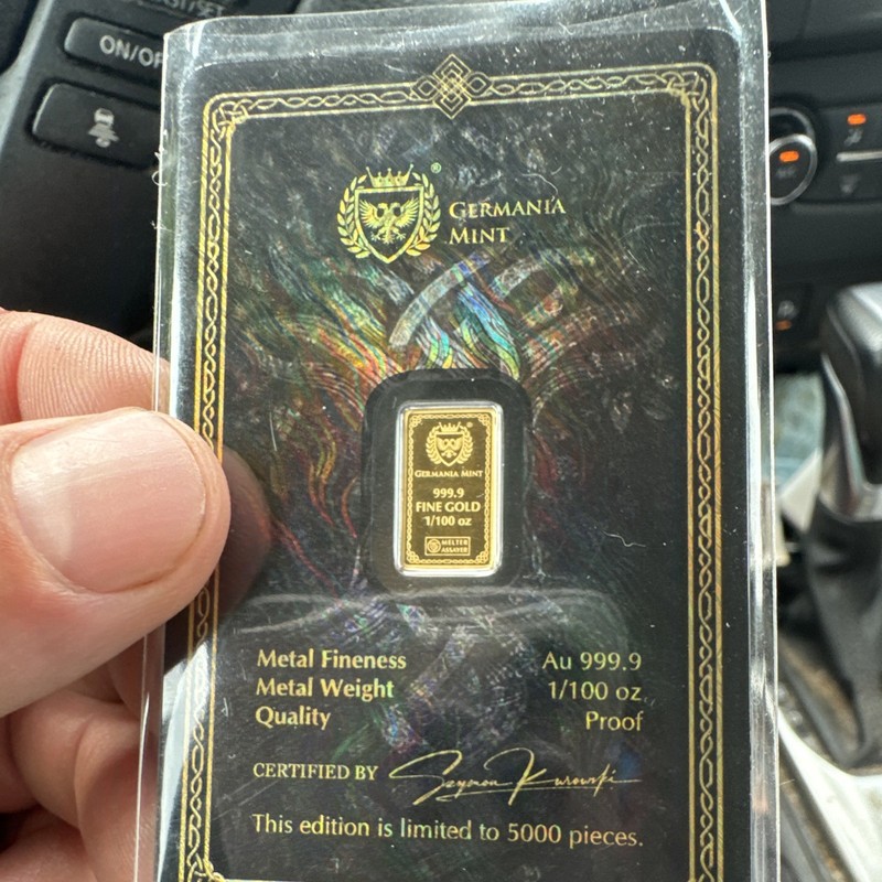 Germania Mint Odin 1/100 oz Fine Gold Bar Au 999.9 Proof in Assay Card