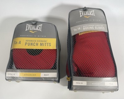 Everlast Boxing Set Novice 14oz Gloves & Advanced Everhide Punch Mitts New