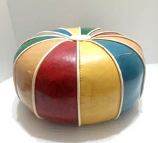 Vtg Mid Century Retro Round Red-Blue Vinyl Pinwheel Poof Ottoman Footstool MCM