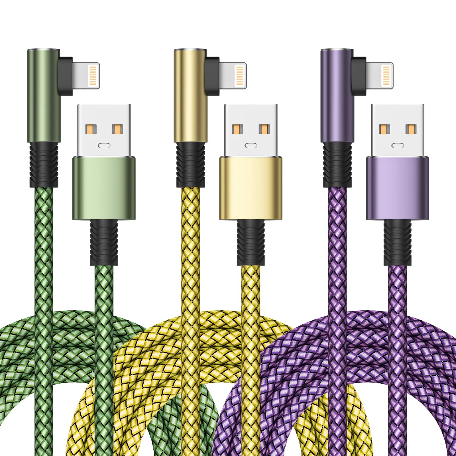 3Pack 2M iPhone Charger Cable, Right Angle 2M+2M+2M, Multicolor