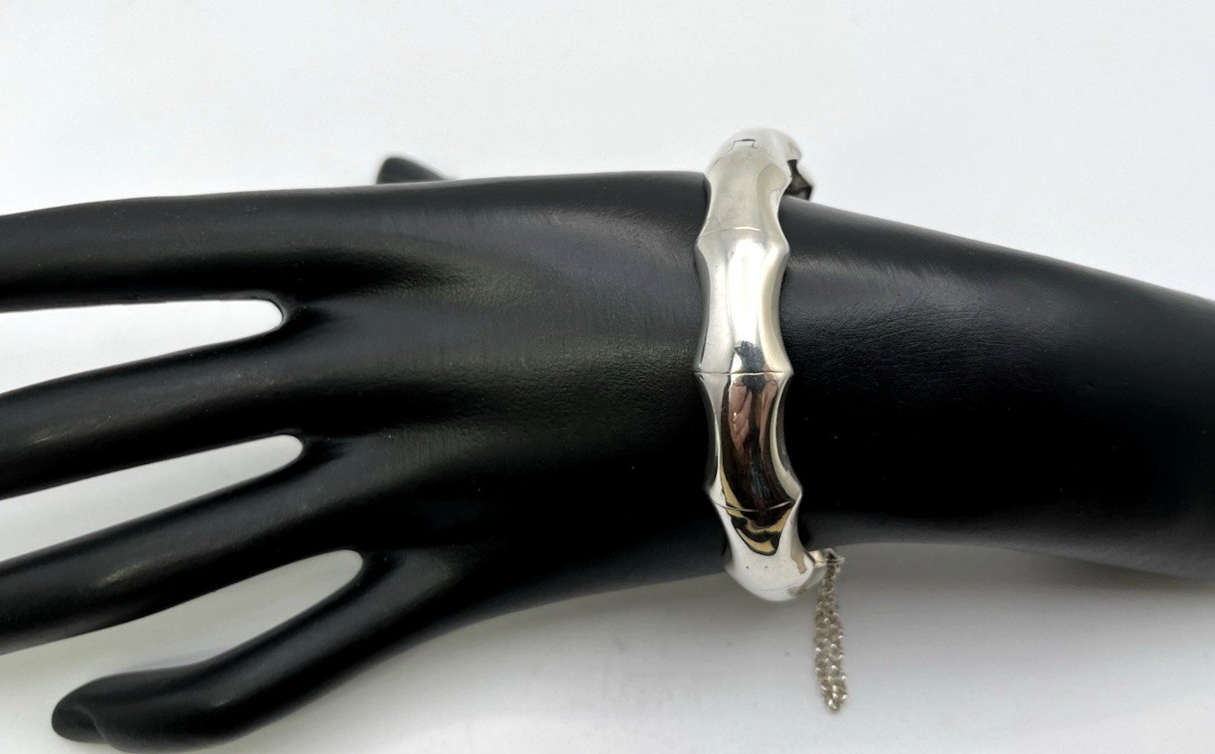 Vtg HINGED BANGLE 925 Solid Sterling Silver BAMBO… - image 5
