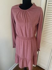 LOFT Pink Knit T-Shirt Dress Long Sleeve Round Neck Elastic Waist Ruffle S
