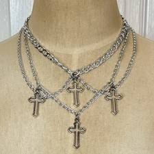4 Gothic Cross Pendants Choker Silver Tone Necklace Layered Curb/Cuban Chains