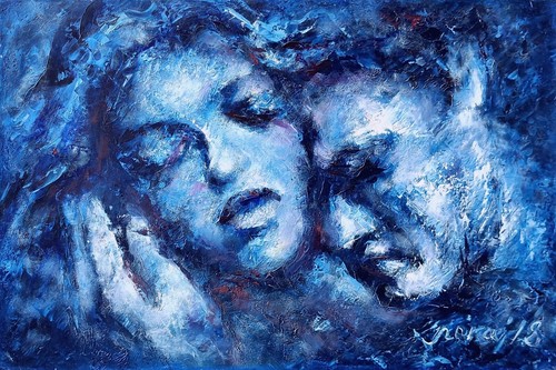 Abstract Oil Painting Original Couple Portrait Blue Signed Handpainted