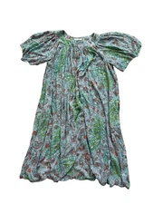 Go Softly Patio Dress Large Flutter Sleeves & Front Buttons Green & Blue Pattern