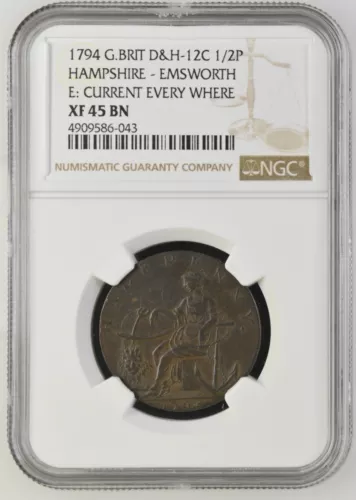 1794 GREAT BRITAIN 1/2 PENNY D&H 12C Hampshire-Emsworth - NGC XF 45 BN