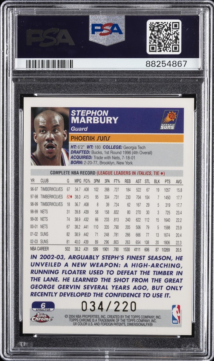 巨人 BBH 2003 TOPPS CHROME XFRACTOR #6 STEPHON MARBURY 34/220 PSA 10