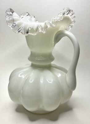 Fenton Milk Glass Silver Crest Pitcher Handle ruffled rim 8.5  1940's Vintage