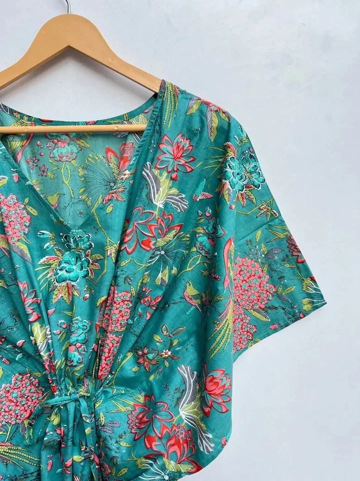 Maxi Vestido Caftán Playa Larga 100% Algodón Indio Vintage Talla Única Caftán Kimono Foto 2 de 4