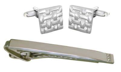 SET Manschettenknöpfe + Krawattennadel silber 6,8 cm + Kristallsteine KLS020