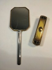 Vintage Handheld Vanity Mirror  Brush Set Brass Gold Tone Floral Design