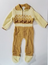 Vintage 1970's Baby Body Suit Romper Jumper Cable Knit Dogs Brown Beige 0-3m NWT