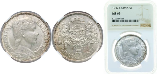 Latvia 1932 5 Lati Silver 835 NGC MS 63