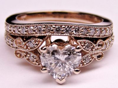 Heart Diamond Lab Grown Butterfly Vintage Engagement Ring & Matching Band