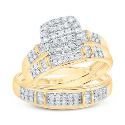 10K Yellow Gold Round Baguette Diamond Trio Set Cushion Matching Rings  3/4