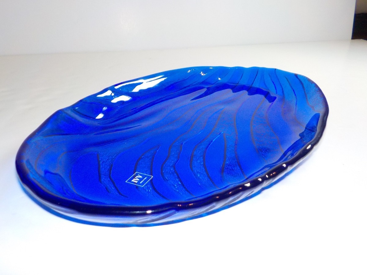 IVV Italy Cobalt Blue Glass Oval Plate/Platter Textured Wave