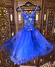 GIRLS BLUE EMBROIDERED SEQUIN FLORAL PRINT TUTU DANCE DRESS LARGE