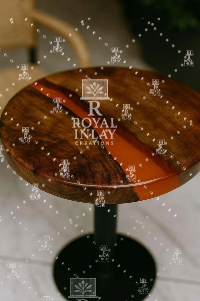 Modern Wood & Orange Epoxy Resin Table | Round River Side Table |HandmadeTable - Image 3 of 4