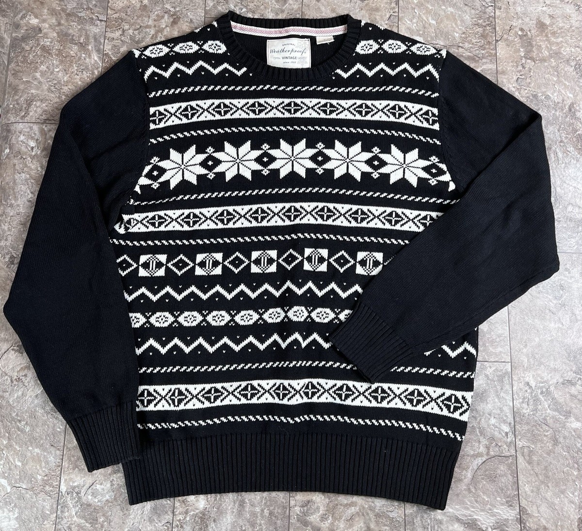 Vintage Weatherproof Snowflake Holiday Sweater Mens L Black White
