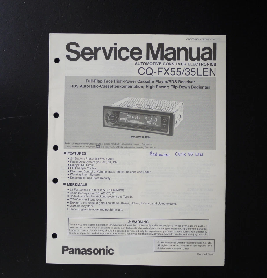 Original PANASONIC CQ-FX55/35LEN Car Cassette Player Service Manual/Anleitung O7 - Bild 1 von 1
