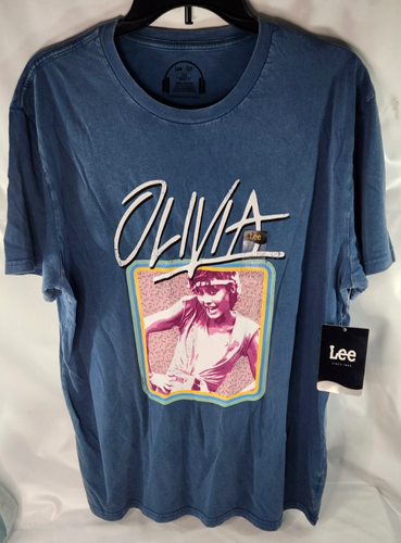 Lee Crew Neck T-Shirt Men's Size Large Blue Olivia Newton Graphic Physical