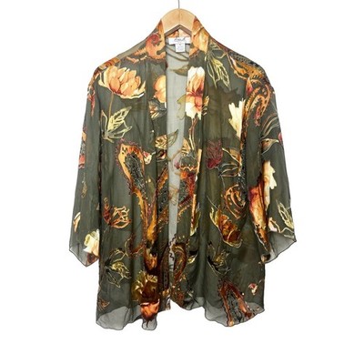 Anis A Kimono Style Sheer Silk Rayon Jacket Top Floral Velvet Burnout Sz Medium