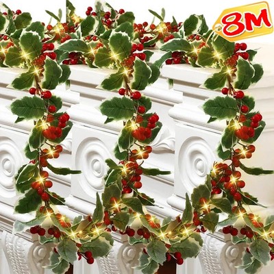 Künstliche Weihnachtsgirlanden Stechpalmen Beerenranken mit Lichterketten