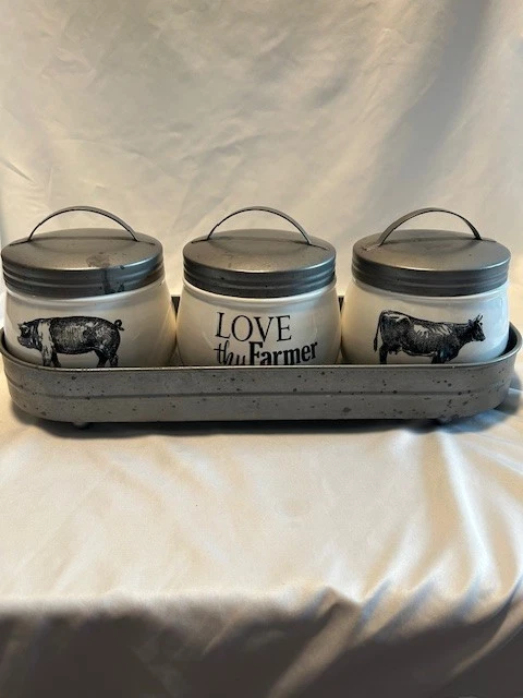 ARLINGTON 3 CERAMIC CANISTERS WHITE GREY W/METAL LIDS & TRAY- PIG, COW FARMER