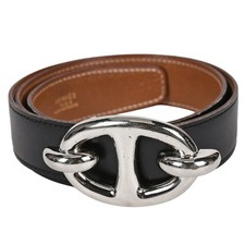 Auth HERMES Reversible Belt Black Brown Leather Silver Buckle 84cm