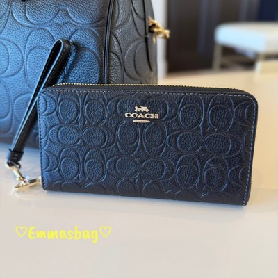 Coach CEW21 Long Zip Around Wallet In Signature Leather Gold/Black