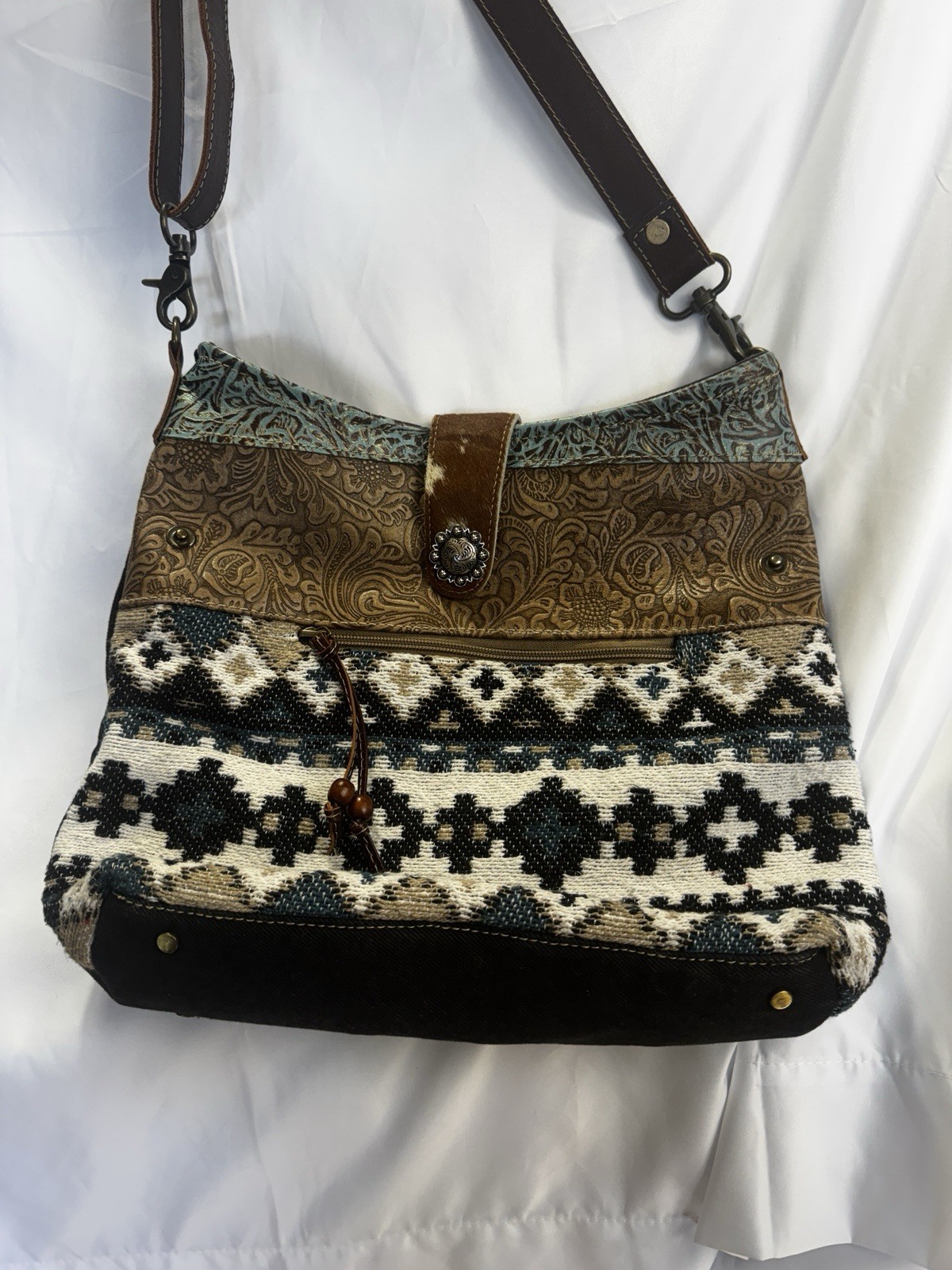 Myra Bag Boho Western Shoulder Bag Cowhide & Tooled Leather Aztec Cotton Canvas