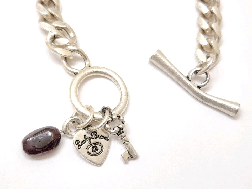 Vintage Silver Lucky Brand Purple Amethyst Charm Thick Curb Link Chain Bracelet - Image 2 of 4