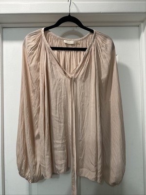 Ramy Brook Cream Boho Blouse Tie Neck Pleated Balloon Sleeve Size L