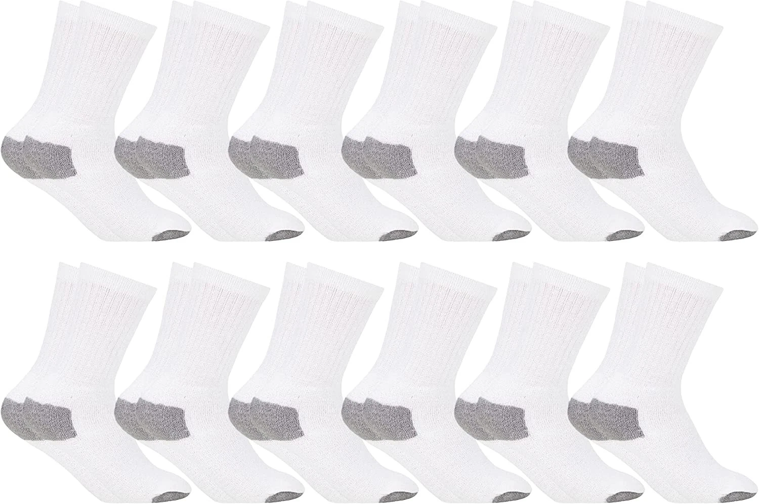 12 Pairs Unisex Wholesale Cotton Crew Socks, White Big Kids / Gray Heel and Toe