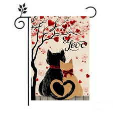 Valentines Cats Garden Flag 12x18 Inch Double Sided Red Pink Love Tree Courtyard