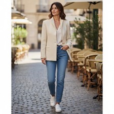 John Meyer Blazer Women Ivory Wool Blend Single Button Vintage Size 8
