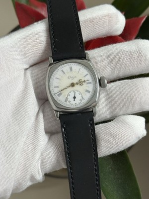 Vintage Elgin Art Deco Fancy Enamel Dial 7J Men s Manual Cushion Case Watch 