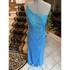 Morgan & Co Prom Dress Womens Size 12P Blue One Shoulder Sequin Long