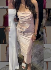 Women s Champagne Satin Cowl Neck Ruched Midi Slip Dress Formal Party